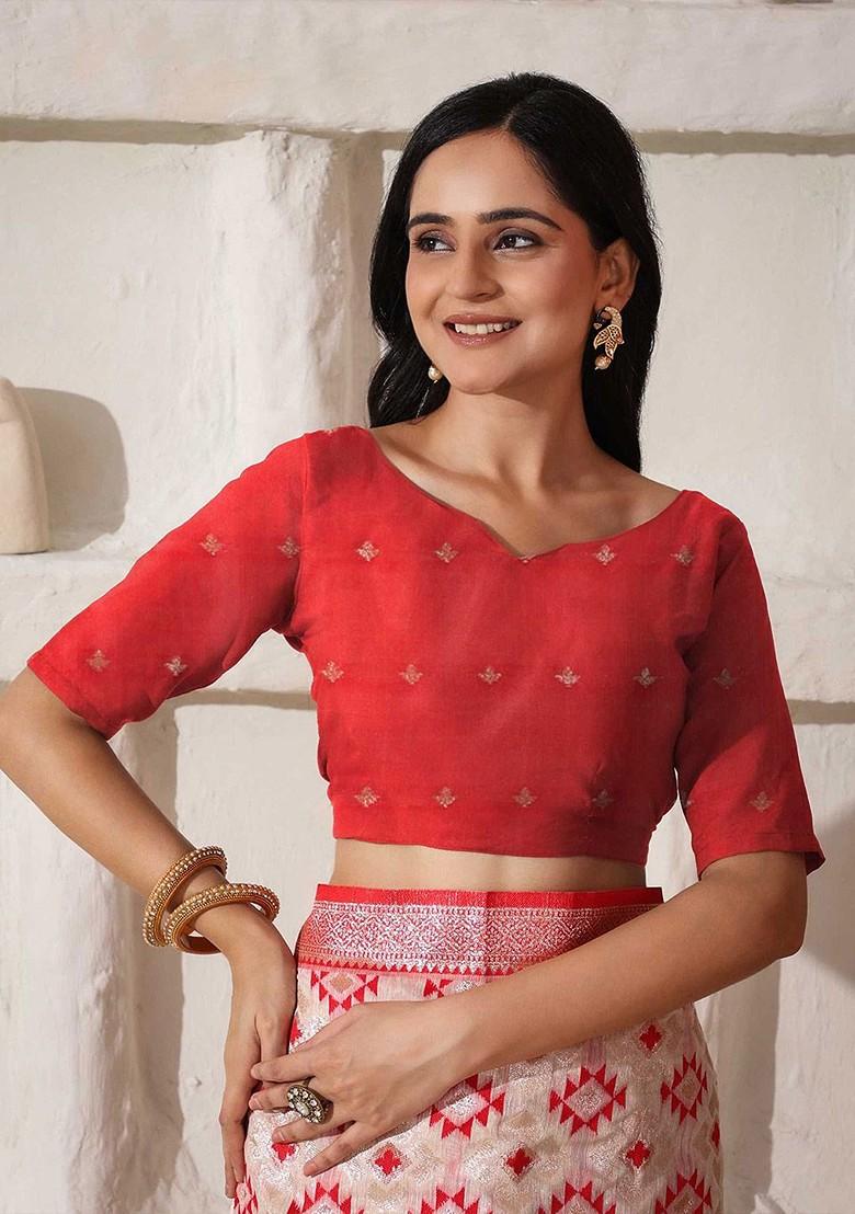 Off White Zari Printed Blended Saree Set - Indya