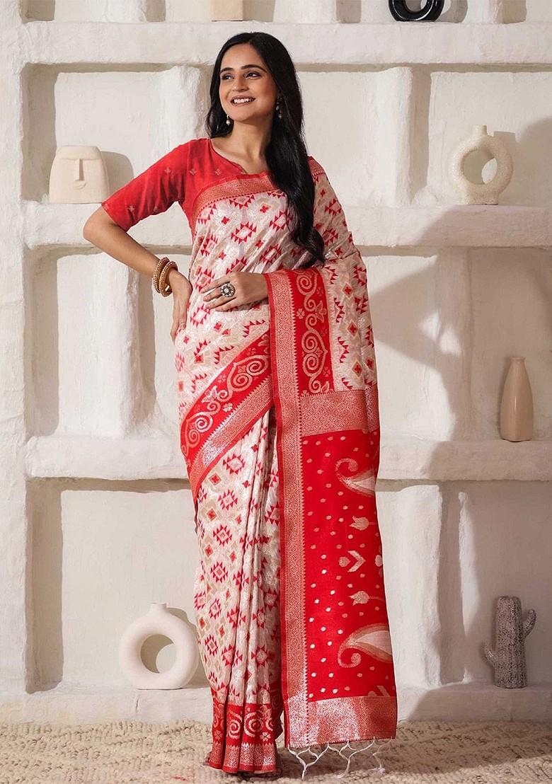 Off White Zari Printed Blended Saree Set - Indya