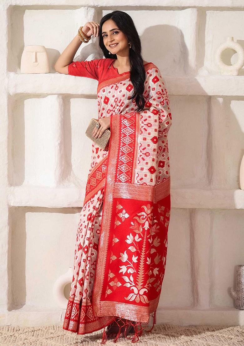 White Zari Printed Blended Saree Set - Indya