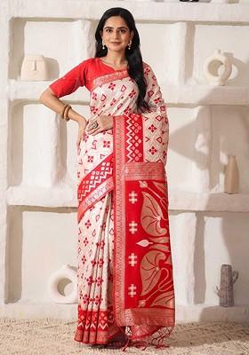 Cream Zari Printed Blended Saree Set