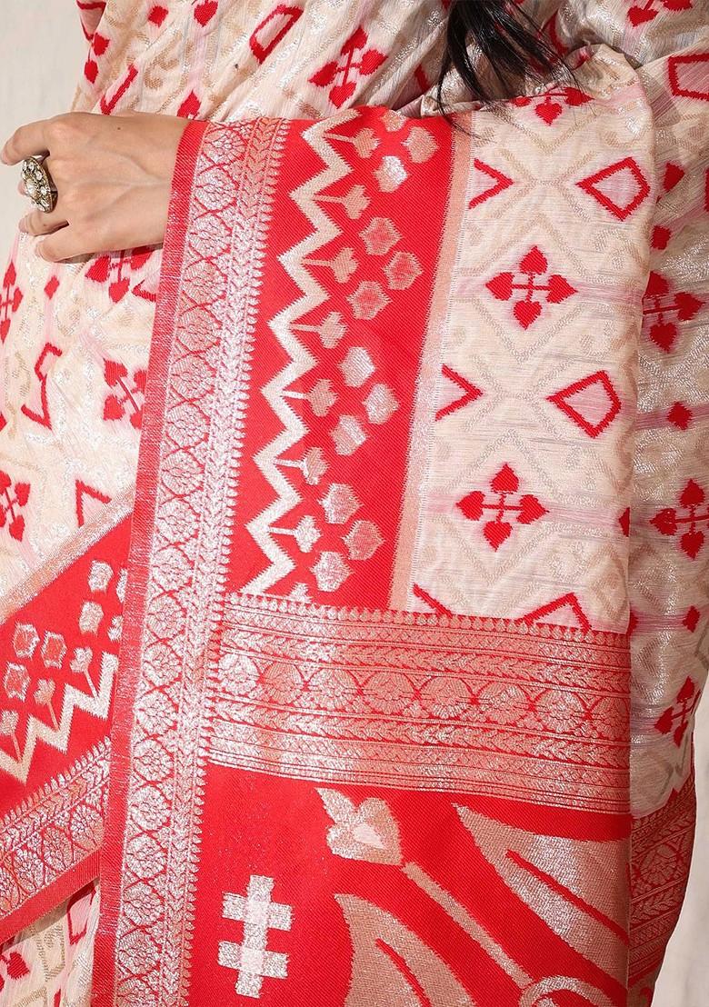 Cream Zari Printed Blended Saree Set - Indya