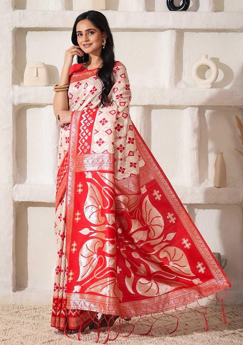 Cream Zari Printed Blended Saree Set - Indya