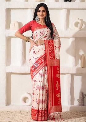 Red Zari Printed Blended Saree Set