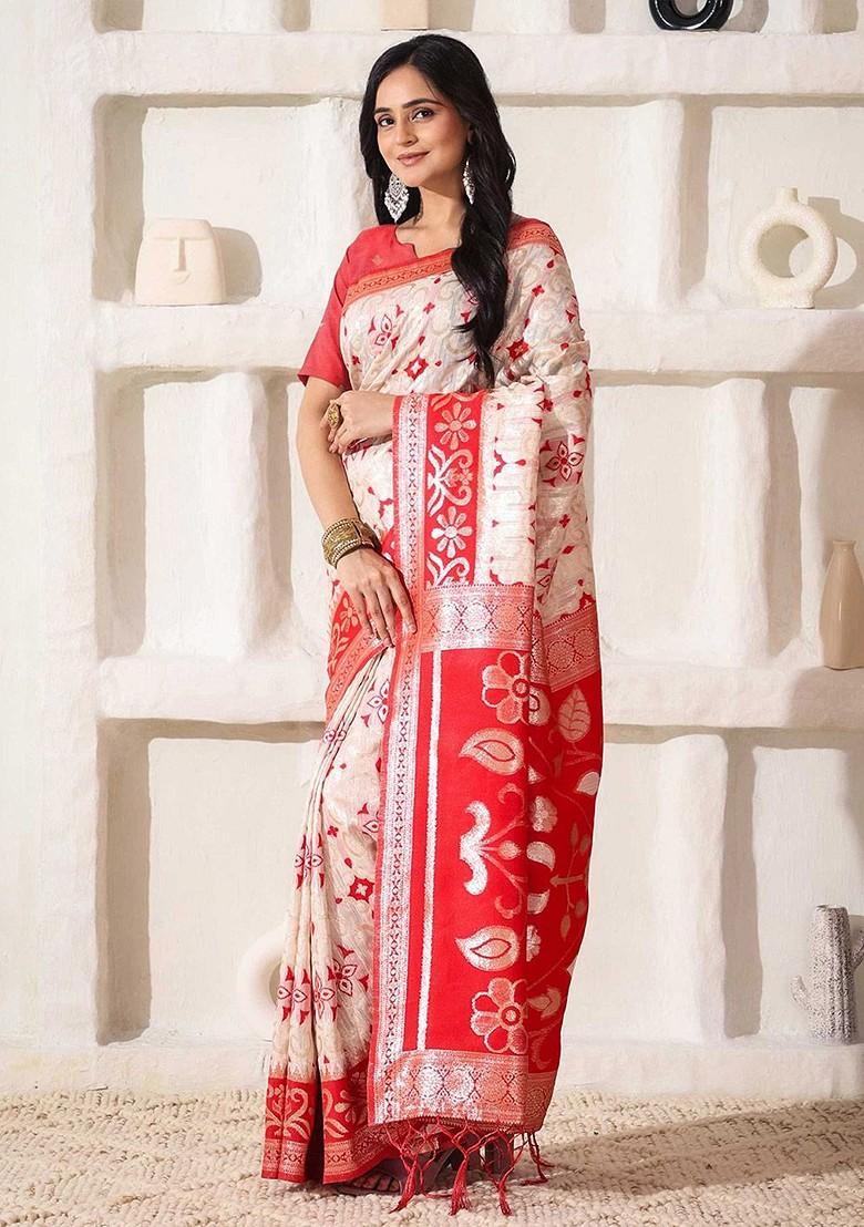 Red Zari Printed Blended Saree Set - Indya