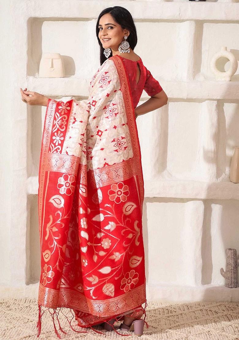 Red Zari Printed Blended Saree Set - Indya