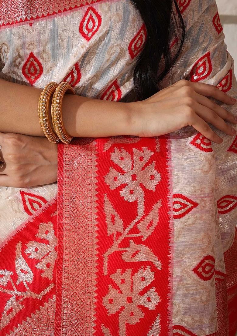 Maroon Zari Printed Blended Saree Set - Indya