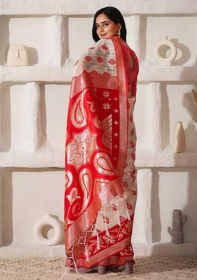 Maroon Zari Printed Blended Saree Set - Indya