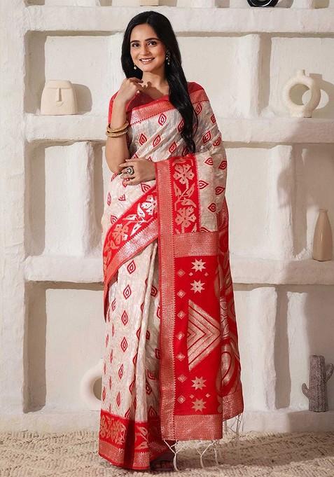 Maroon Zari Printed Blended Saree Set