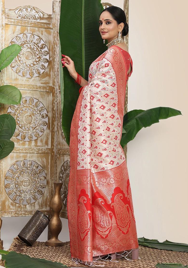 White Zari Printed Blended Saree Set - Indya