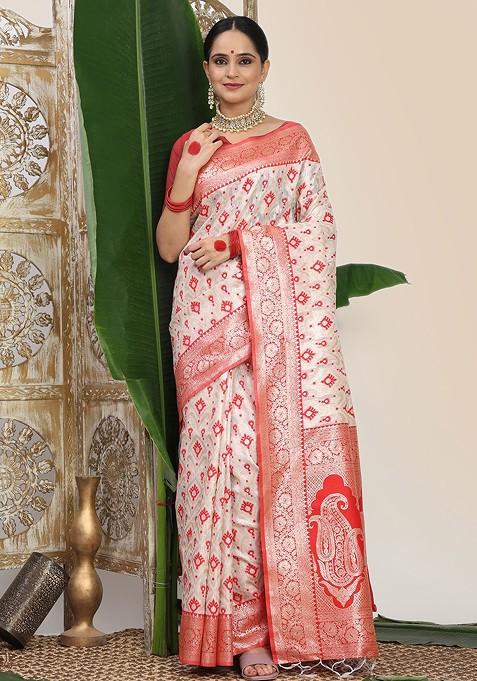 White Zari Printed Blended Saree Set