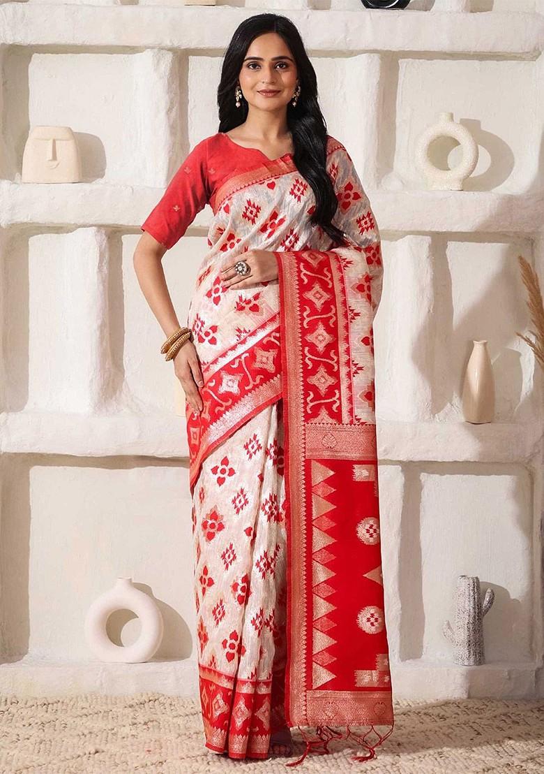 Red Zari Printed Blended Saree Set - Indya