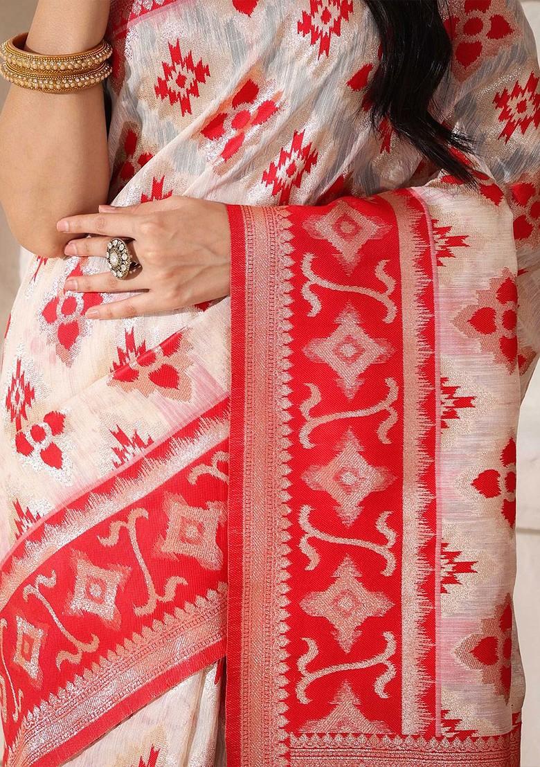 Red Zari Printed Blended Saree Set - Indya