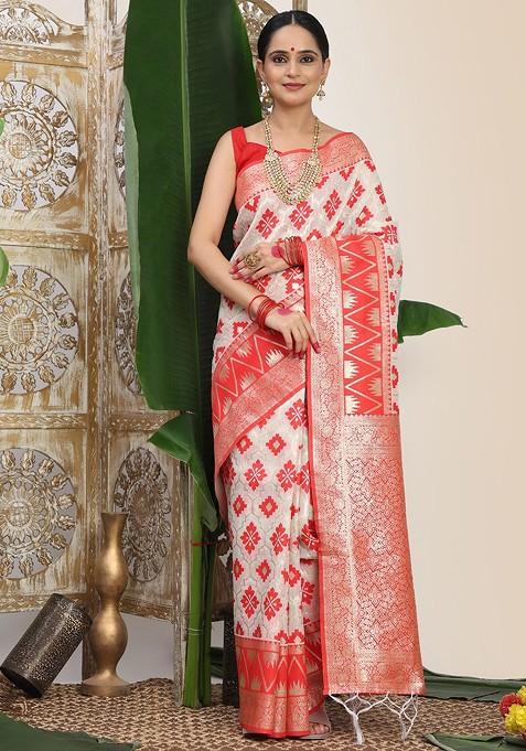 White Zari Printed Blended Saree Set