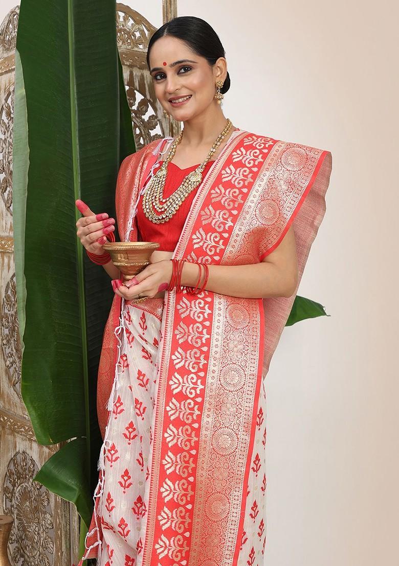 Maroon Zari Printed Blended Saree Set - Indya