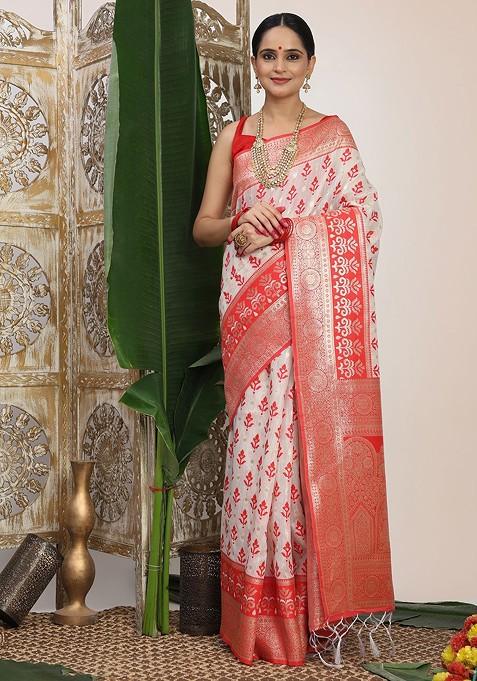 Maroon Zari Printed Blended Saree Set