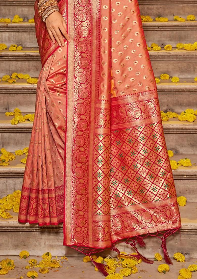 Peach Floral Print Blended Saree Set - Indya