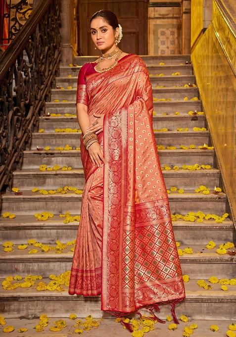 Peach Floral Print Blended Saree Set — view on Indya