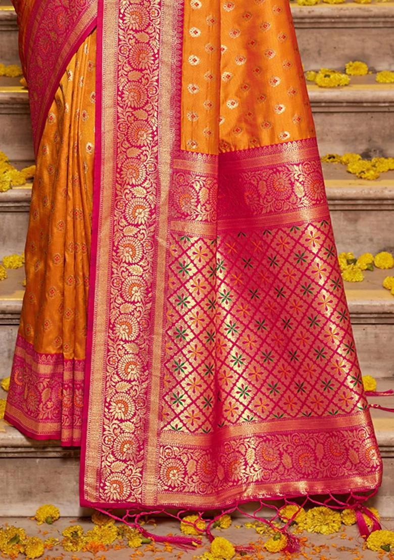 Orange Zari Printed Blended Saree Set - Indya