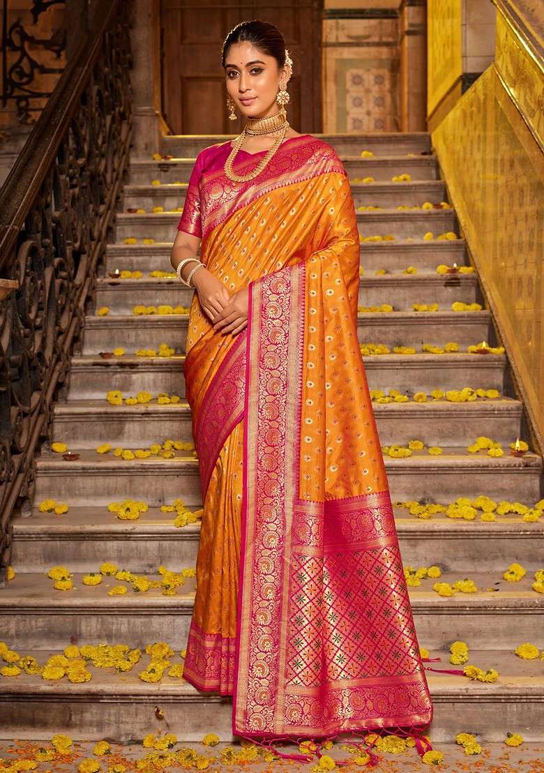 Orange Zari Blended Saree Set with Printed for Diwali | Wedding & Festive Wear - Indya