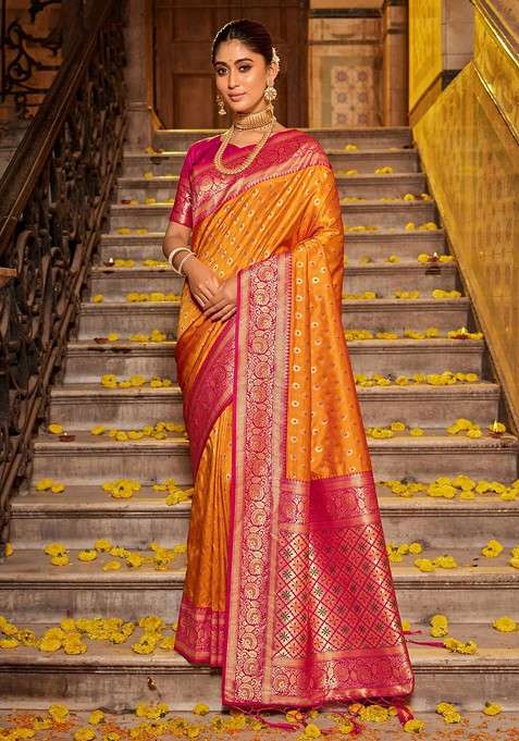 Orange Zari Blended Saree Set with Printed for Diwali | Wedding & Festive Wear