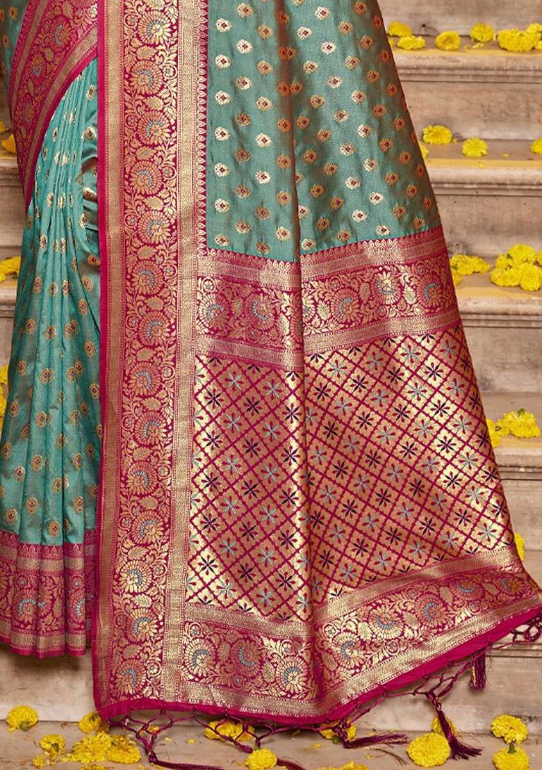 Blue Blended Saree Set with Embroidered for Diwali | Wedding & Festive Wear - Indya