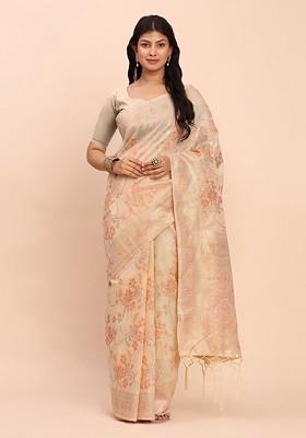 Cream Zari Printed Blended Saree Set