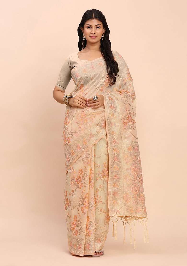 Cream Zari Printed Blended Saree Set - Indya