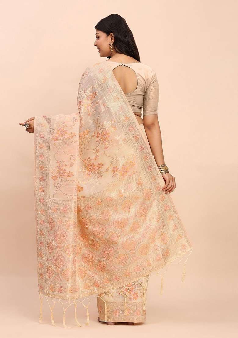Cream Zari Printed Blended Saree Set - Indya
