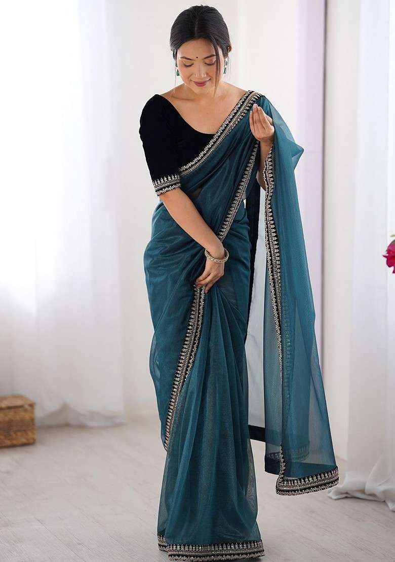 Blue Embellished Blended Saree Set for Diwali and Festive Wear - Indya