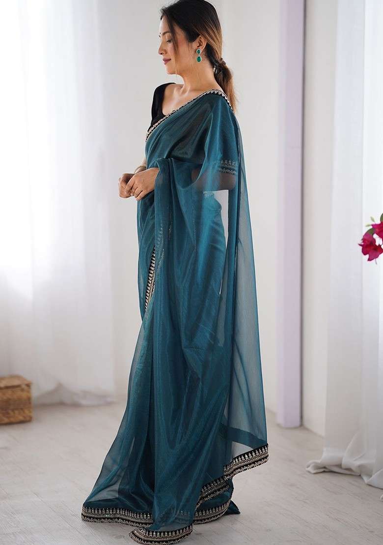 Blue Embellished Blended Saree Set for Diwali and Festive Wear - Indya