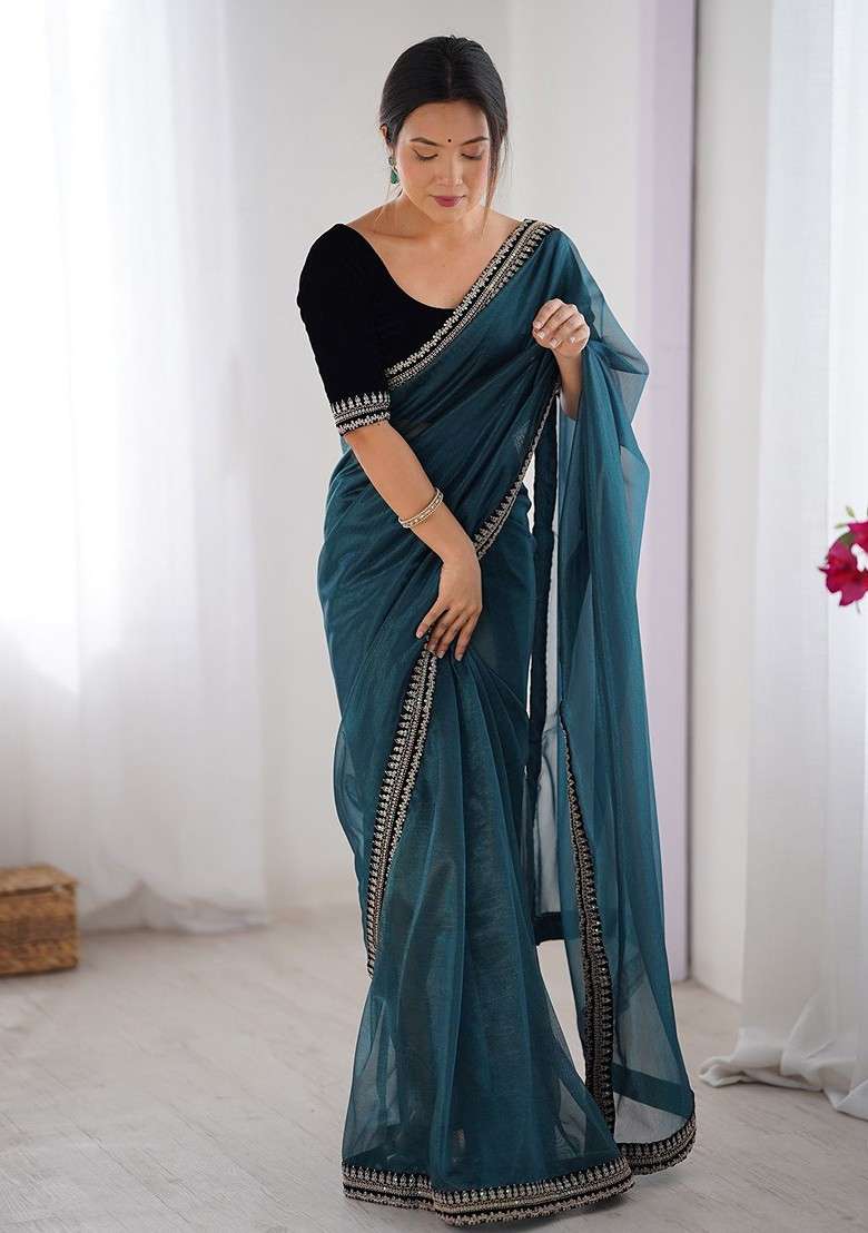 Blue Embellished Blended Saree Set for Diwali and Festive Wear - Indya