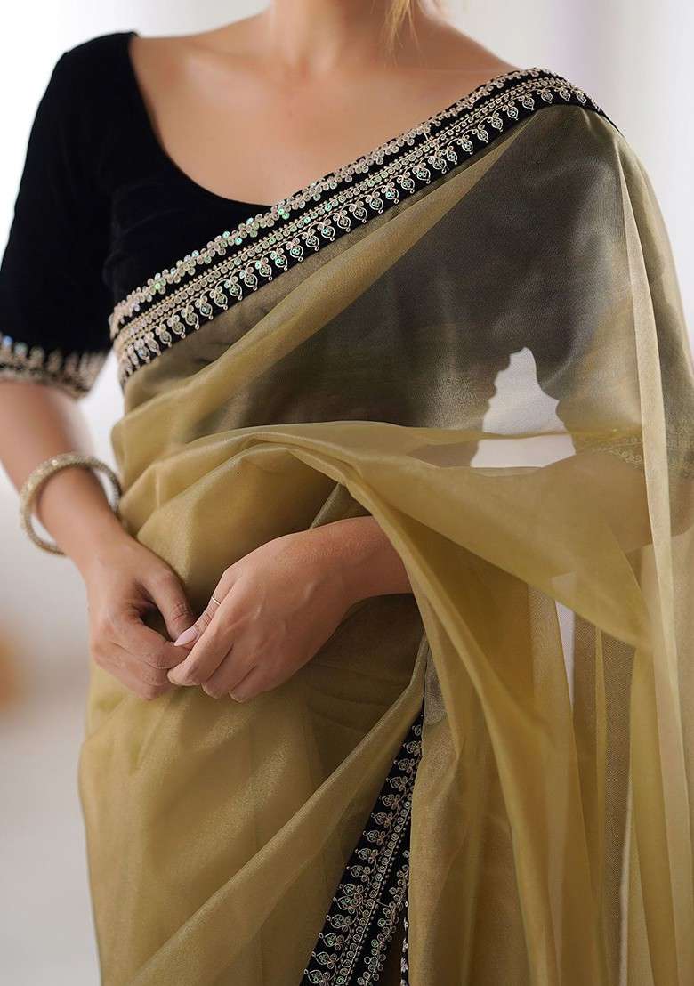Mustard Embellished Blended Saree Set for Diwali | Wedding & Festive Wear - Indya