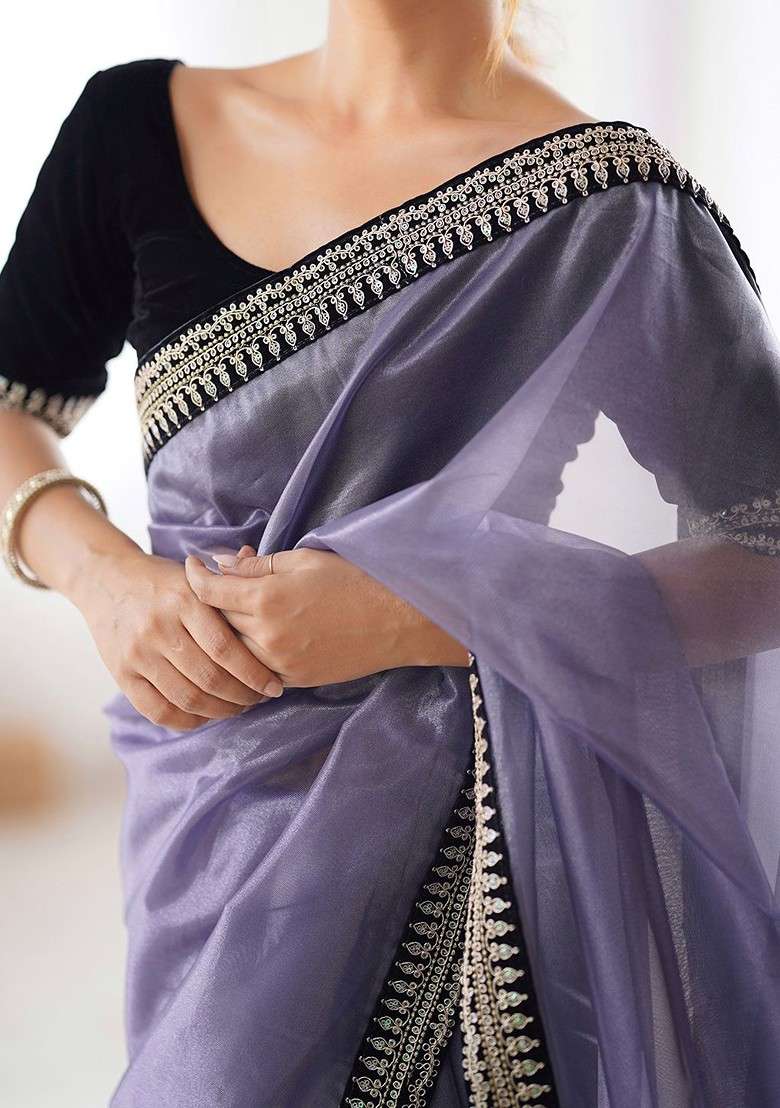 Lavender Embellished Blended Saree Set for Diwali | Wedding & Festive Wear - Indya