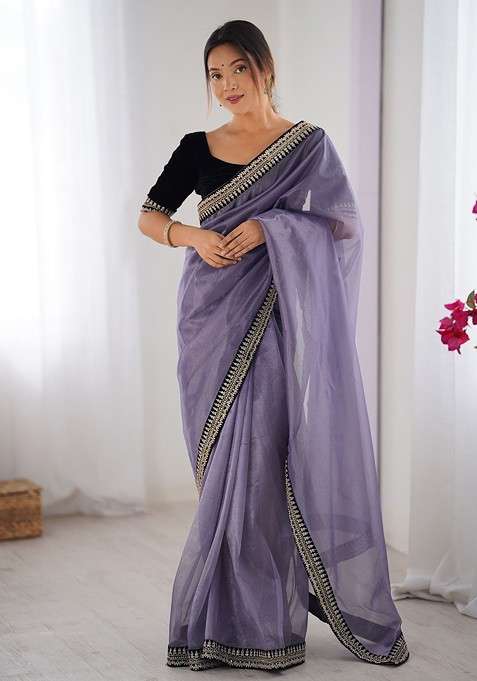 Lavender Embellished Blended Saree Set for Diwali | Wedding & Festive Wear