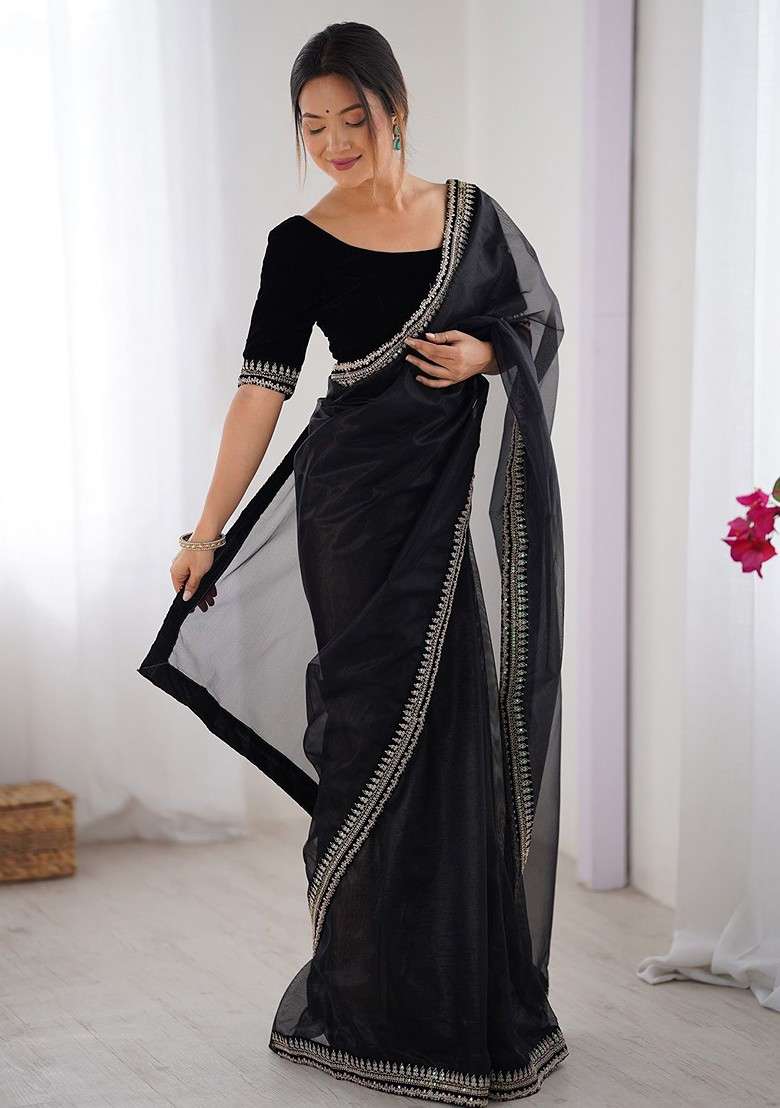 Black Sequinned Blended Saree Set for Diwali and Festive Wear - Indya