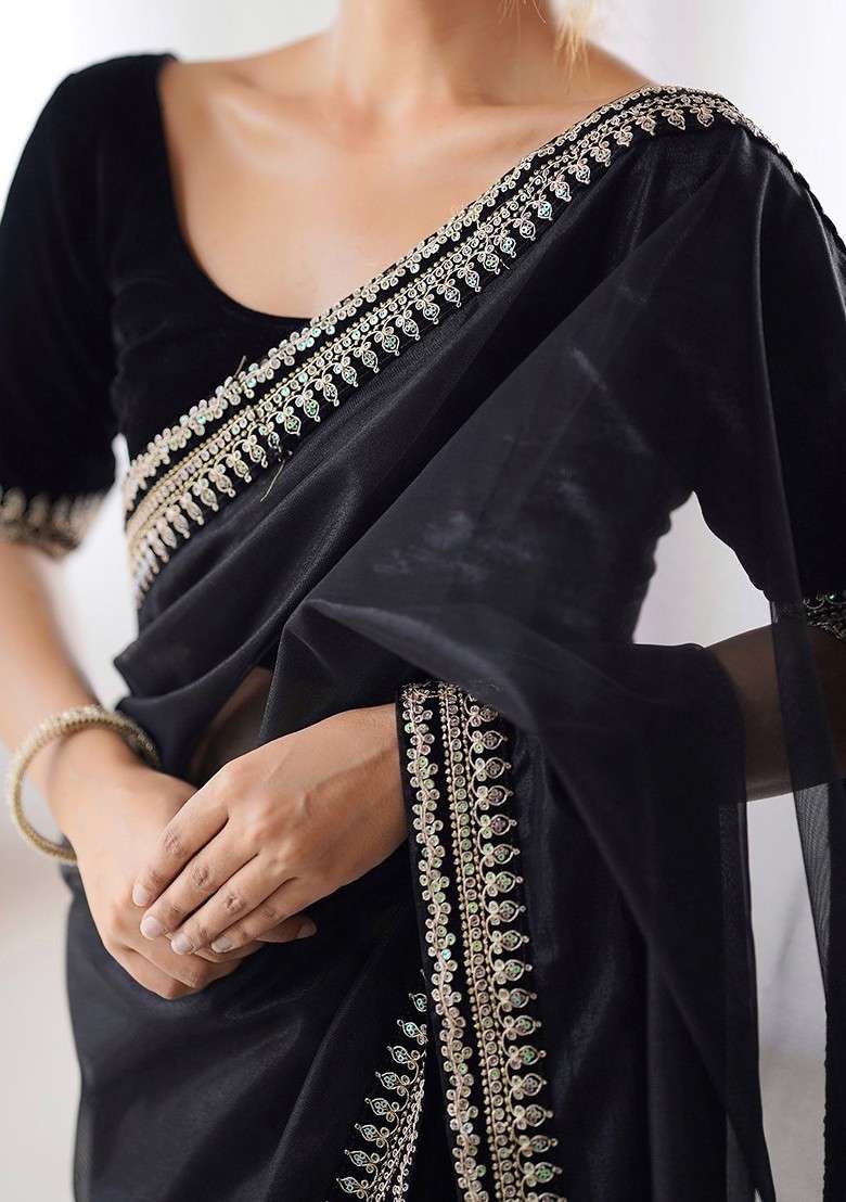 Black Sequinned Blended Saree Set for Diwali and Festive Wear - Indya