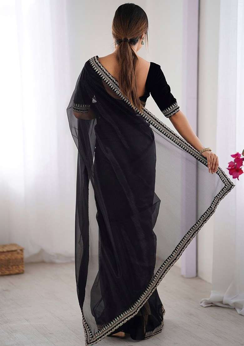 Black Sequinned Blended Saree Set for Diwali and Festive Wear - Indya