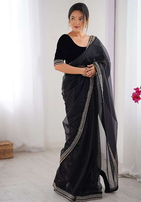 Black Sequinned Blended Saree Set for Diwali and Festive Wear