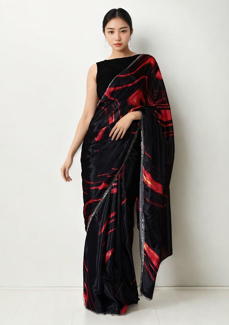 Black Embroidered Blended Saree Set - Indya