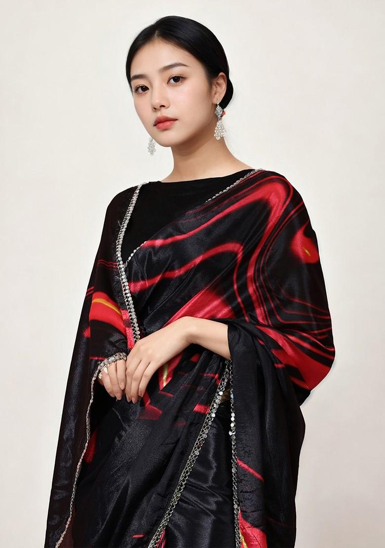 Black Embroidered Blended Saree Set - Indya