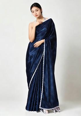 Blue Embroidered Blended Saree Set