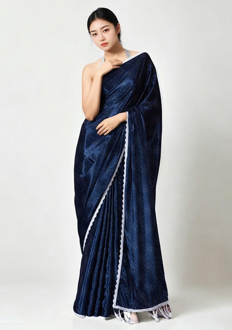 Blue Embroidered Blended Saree Set - Indya