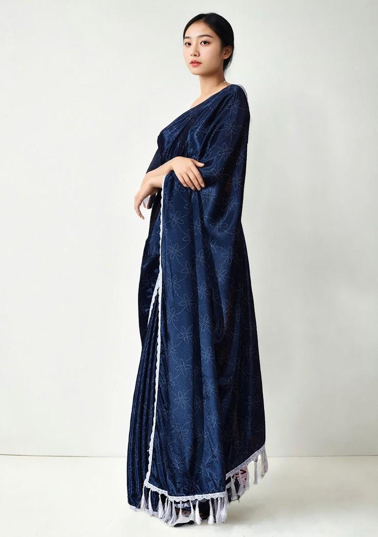 Blue Embroidered Blended Saree Set - Indya