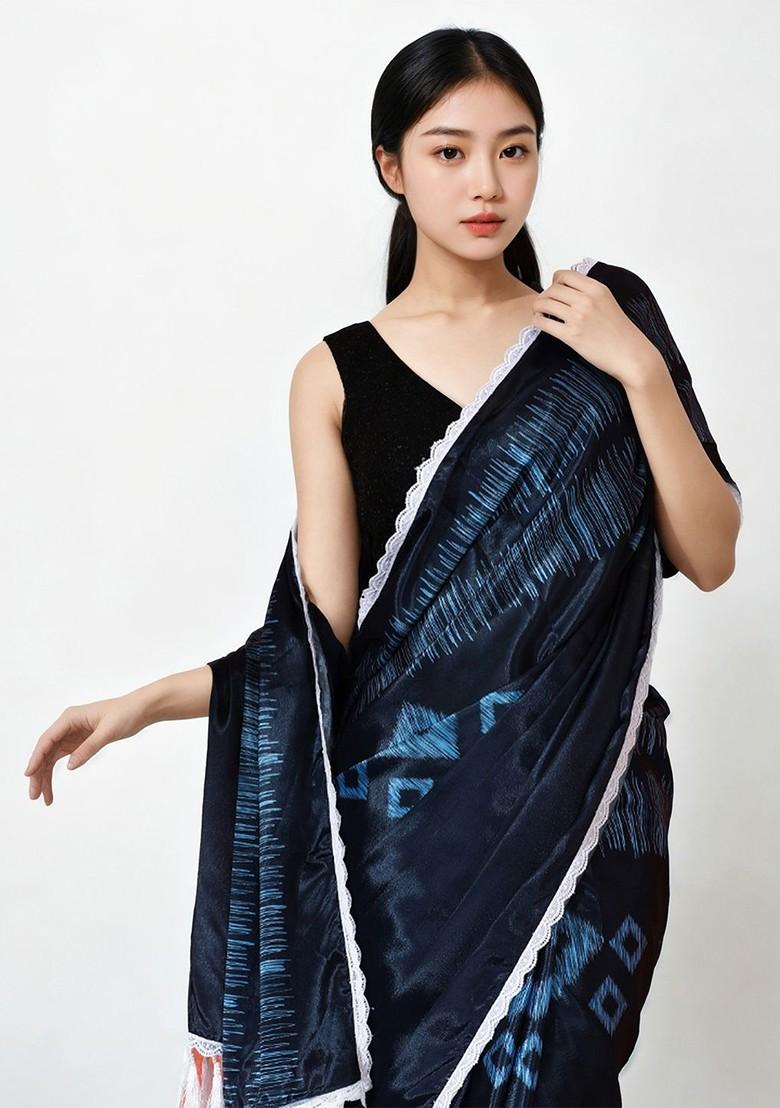 Blue Embroidered Blended Saree Set - Indya