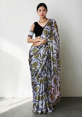 Olive Floral Print Blended Saree Set