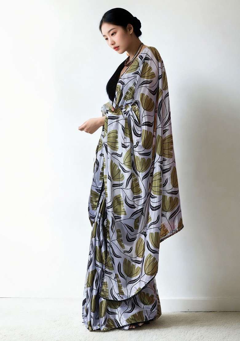 Olive Floral Print Blended Saree Set - Indya