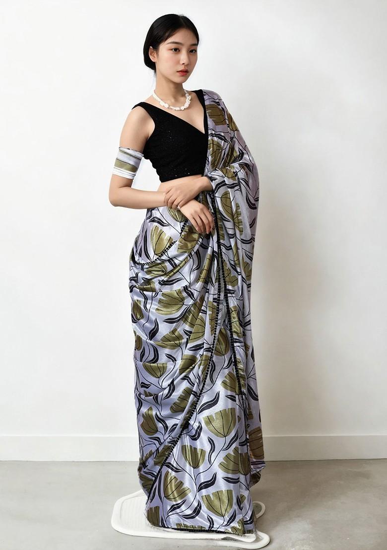 Olive Floral Print Blended Saree Set - Indya