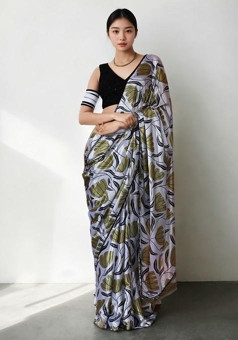 Olive Floral Print Blended Saree Set