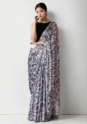 Grey Embroidered Blended Saree Set