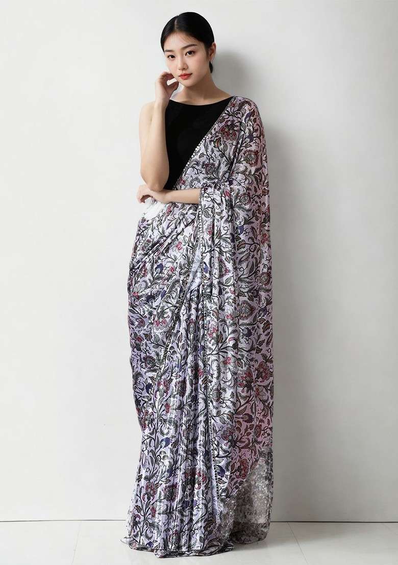 Grey Embroidered Blended Saree Set - Indya